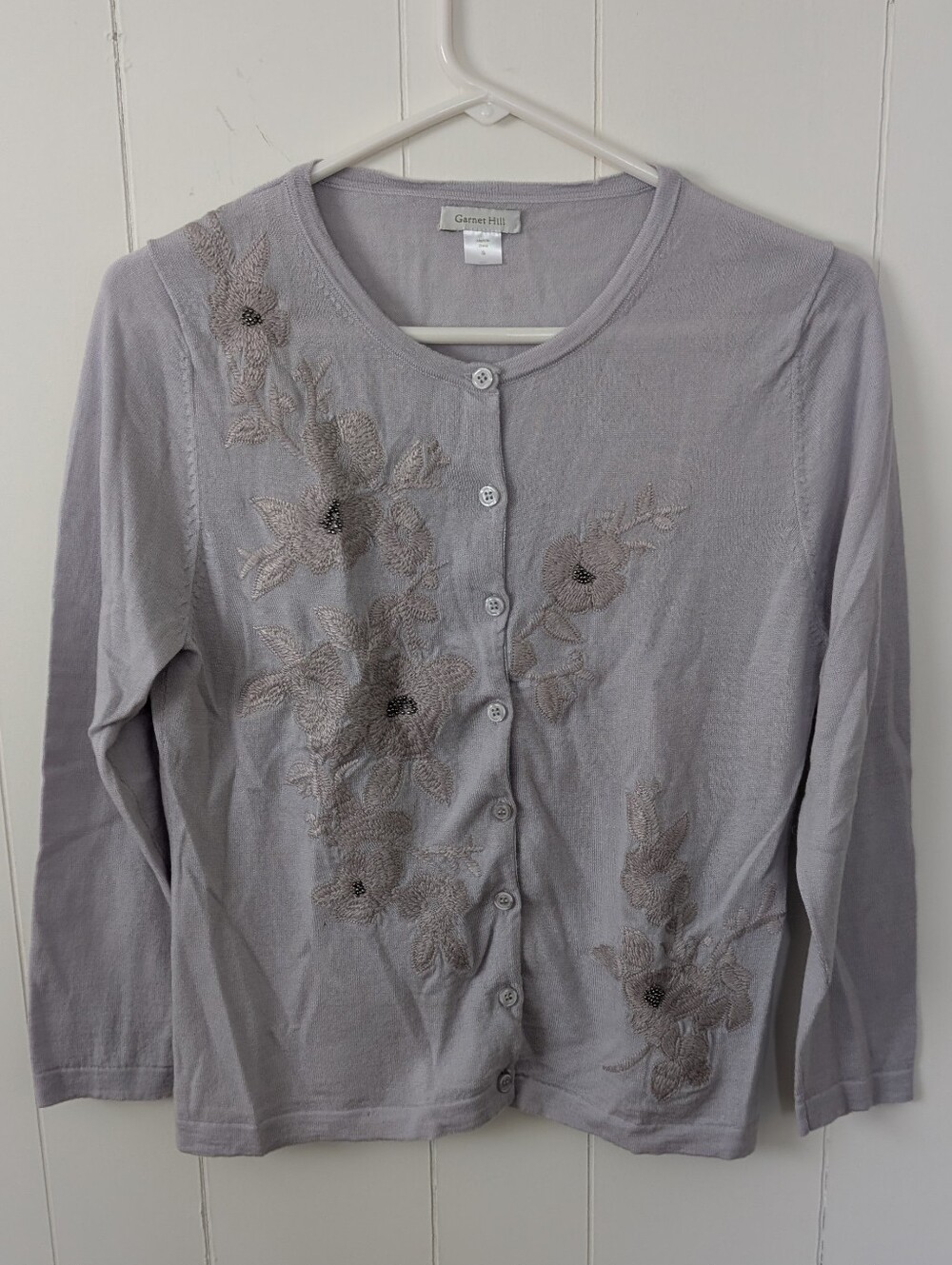 Garnet Hill 100% Merino Wool Gray/Blue Floral Embroidered Button-Front Sweater